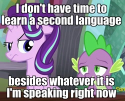 Size: 1254x1011 | Tagged: safe, edit, edited screencap, screencap, spike, starlight glimmer, dragon, pony, unicorn, the crystalling, a series of unfortunate events, annoyed, discovery family logo, image macro, meme