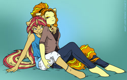 Size: 1200x759 | Tagged: safe, artist:kaemantis, adagio dazzle, sunset shimmer, anthro, unguligrade anthro, equestria girls, adoragio, anklet, bedroom eyes, cuddling, cute, female, lesbian, shimmerbetes, shipping, sitting, sitting on lap, sitting on person, smiling, snuggling, sunsagio