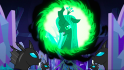 Size: 1440x811 | Tagged: safe, screencap, queen chrysalis, changeling, changeling queen, to where and back again, female, magic