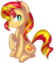 Size: 861x1010 | Tagged: safe, artist:rosaiine, sunset shimmer, pony, unicorn, equestria girls, blushing, female, mare, simple background, sitting, solo, white background