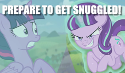 Size: 1082x638 | Tagged: safe, edit, edited screencap, screencap, starlight glimmer, twilight sparkle, twilight sparkle (alicorn), alicorn, pony, the cutie re-mark, image macro, imminent hape, imminent snuggles, meme