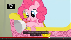 Size: 854x483 | Tagged: safe, screencap, pinkie pie, earth pony, pony, fall weather friends, hot air balloon, megaphone, youtube, youtube caption
