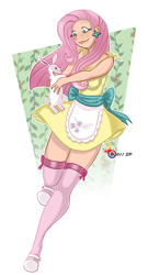 Size: 800x1481 | Tagged: safe, artist:sp85, angel bunny, fluttershy, clothes, female, humanized, pink hair, solo