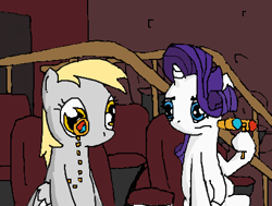 Size: 450x340 | Tagged: safe, artist:onsaud, derpy hooves, rarity, pegasus, pony, unicorn, 3d glasses, fancy, female, mare, monocle