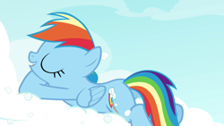 Size: 1280x720 | Tagged: safe, derpibooru import, screencap, rainbow dash, pegasus, pony, testing testing 1-2-3, cloud, eyes closed, female, mare, open mouth, plot, solo