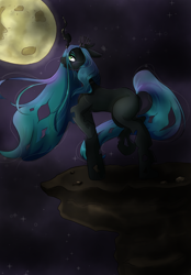 Size: 2500x3600 | Tagged: safe, artist:cyberchowww, queen chrysalis, changeling, changeling queen, emotional, female, moon, night, queen, raised hoof, solo, stars