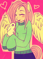 Size: 588x793 | Tagged: safe, artist:fox-feathers, angel bunny, fluttershy, anthro, human facial structure