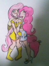 Size: 720x960 | Tagged: safe, fluttershy, pinkie pie, female, flutterpie, humanized, lesbian, shipping, tailed humanization