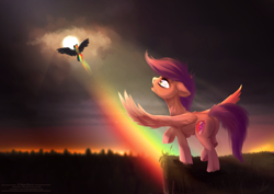 Size: 1432x1013 | Tagged: safe, artist:vincher, derpibooru import, rainbow dash, scootaloo, pegasus, pony, cliff, duo, floppy ears, flying, rainbow trail, raised hoof, scootaloo can't fly, spread wings, sun, wings