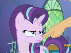 Size: 1233x923 | Tagged: safe, edit, edited screencap, screencap, starlight glimmer, human, pony, unicorn, all bottled up, boop, boop edit, cropped, cute, discovery family logo, disembodied hand, female, finger, glimmerbetes, hand, mare, non-consensual booping, offscreen character, unamused