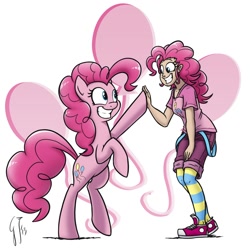 Size: 1000x1000 | Tagged: safe, artist:glancojusticar, pinkie pie, earth pony, human, pony, bipedal, clothes, cute, diapinkes, duality, duo, duo female, eye contact, female, grin, high five, hoofbump, human ponidox, humanized, mare, raised leg, shorts, smiling, socks, striped socks