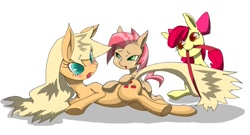 Size: 1121x607 | Tagged: safe, artist:8->, apple bloom, applejack, babs seed, earth pony, pony, blushing, pixiv