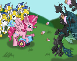 Size: 1000x800 | Tagged: safe, artist:artistathefilly, pinkie pie, queen chrysalis, alicorn, changeling, changeling queen, pony, alicornified, cupcake, fight, flag, food, party cannon, pinkiecorn, race swap, royal guard, xk-class end-of-the-world scenario