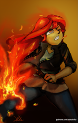 Size: 567x900 | Tagged: safe, artist:xenstroke, sunset shimmer, equestria girls, fiery shimmer, fire, magic, patreon, pyromancy, solo