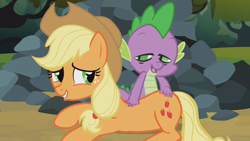 Size: 1152x648 | Tagged: safe, screencap, applejack, spike, dragon, earth pony, pony, spike at your service, back scratching, butt touch, female, hand on butt, male, mare, massage, out of context
