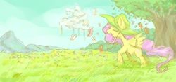 Size: 1280x600 | Tagged: safe, artist:chung-sae, fluttershy, butterfly, pegasus, pony, cloudsdale, field, grass, hat, scenery, tree