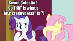 Size: 800x450 | Tagged: safe, fluttershy, rarity, pegasus, pony, unicorn, creepypasta, discovery, image macro, scared, shocked