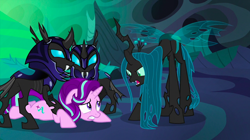 Size: 1440x809 | Tagged: safe, screencap, queen chrysalis, starlight glimmer, thorax, changeling, changeling queen, pony, unicorn, to where and back again, armor, changeling guard, changeling hive, disguise, disguised changeling, fake starlight glimmer, female, helmet