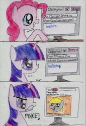 Size: 900x1317 | Tagged: safe, artist:pinkie-pie-ninja, derpy hooves, pinkie pie, twilight sparkle, pegasus, pony, comic, computer, derp astley, female, mare, parody, prank, rickroll, traditional art, youtube