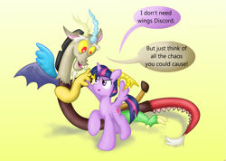 Size: 2227x1586 | Tagged: safe, artist:041744, derpibooru import, discord, twilight sparkle, twilight sparkle (alicorn), alicorn, pony, chaos, female, hilarious in hindsight, mare