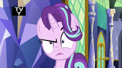 Size: 912x514 | Tagged: safe, screencap, starlight glimmer, pony, all bottled up, annoyed, discovery family logo, reaction image, solo, starlight is not amused, tv-y, twilight's castle, unamused