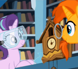 Size: 559x495 | Tagged: safe, screencap, princess flurry heart, starlight glimmer, sunburst, alicorn, pony, unicorn, celestial advice, adorawat, animated, clock, cuckoo clock, cute, facial hair, female, flurrybetes, foal, gif, goatee, goggles, leaning, looking at something, loop, male, mare, open mouth, safety goggles, smiling, spread wings, stallion, wat, wings