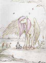 Size: 1786x2471 | Tagged: safe, artist:cobaltsnow, fluttershy, duck, pegasus, pony, duckling, traditional art