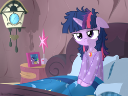 Size: 1024x768 | Tagged: safe, artist:frankier77, derpibooru import, owlowiscious, spike, twilight sparkle, dragon, semi-anthro, bed, bed mane, clothes, morning ponies, pajamas, solo