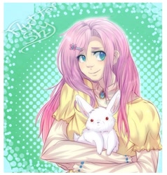 Size: 900x945 | Tagged: safe, artist:ockitten, angel bunny, fluttershy, clothes, female, humanized, pink hair, solo