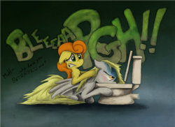 Size: 800x581 | Tagged: safe, artist:hewison, carrot top, derpy hooves, golden harvest, pegasus, pony, baked bads, female, mare, sick, toilet, vomit