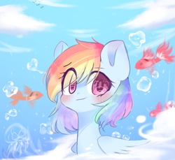 Size: 680x622 | Tagged: safe, artist:windymils, derpibooru import, rainbow dash, fish, jellyfish, pegasus, pony, blue, bubble, cloud, cute, female, looking at you, mare, solo