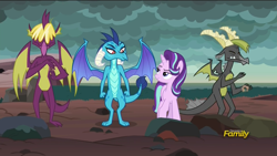 Size: 1920x1080 | Tagged: safe, screencap, baff, fume, princess ember, spear (dragon), starlight glimmer, dragon, pony, unicorn, celestial advice, bedroom eyes, discovery family logo, eye contact, female, looking at each other, male