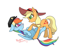 Size: 1024x768 | Tagged: safe, artist:extraluna, derpibooru import, applejack, rainbow dash, earth pony, pegasus, pony, appledash, blushing, carmen sandiego, female, hat, lesbian, looking at each other, mare, on back, shipping, simple background, smiling, white background