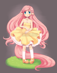 Size: 546x700 | Tagged: dead source, safe, artist:hirukio, fluttershy, clothes, dress, eared humanization, humanized, solo, strapless, tailed humanization, watermark