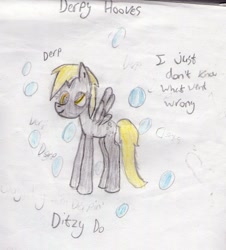 Size: 850x939 | Tagged: safe, artist:angelcakexxx, derpy hooves, pegasus, pony, female, mare, quote, solo, traditional art, transformers