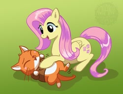 Size: 500x384 | Tagged: safe, artist:aquanut, fluttershy, cat, pegasus, pony, bellyrubs, blushing, clothes