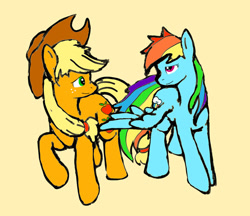 Size: 961x832 | Tagged: safe, artist:autumn-plains, derpibooru import, applejack, rainbow dash, earth pony, pegasus, pony, appledash, butt touch, feathermarking, female, lesbian, never doubt tchernobog's involvement, shipping