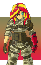 Size: 684x1080 | Tagged: safe, artist:kencaldi, sunset shimmer, equestria girls, camouflage, clothes, crossover, eyepatch, fingerless gloves, gloves, mercenary, metal gear, metal gear solid, metal gear solid 5, military, prosthetic limb, solo, venom snake