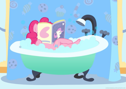 Size: 807x576 | Tagged: safe, edit, pinkie pie, earth pony, pony, bath, bathtub, chillaxing, magazine, reading, solo