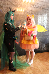 Size: 3456x5184 | Tagged: safe, fluttershy, queen chrysalis, human, clothes, convention, cosplay, costume, cyrillic, irl, irl human, photo, russian