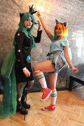 Size: 3456x5184 | Tagged: safe, queen chrysalis, rainbow dash, human, clothes, convention, converse, cosplay, costume, cyrillic, irl, irl human, photo, russian, shoes