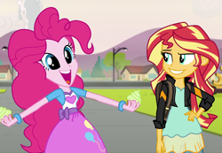 Size: 1042x720 | Tagged: safe, edit, edited screencap, screencap, pinkie pie, sunset shimmer, equestria girls, friendship games, :d, cropped, cupcake, cute, diapinkes, faic, food, grin, smiling, sunedge shimmer, teeth