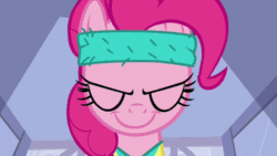 Size: 720x405 | Tagged: safe, screencap, pinkie pie, earth pony, pony, a friend in deed, animated, faic, grin, headband, out of context, solo, workout, workout outfit
