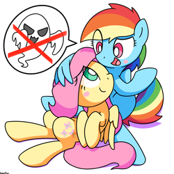 Size: 2400x2400 | Tagged: safe, artist:kemofoo, derpibooru import, fluttershy, rainbow dash, ghost, pegasus, pony, comforting, dialogue, female, flutterdash, hug, lesbian, looking at each other, shipping, simple background, sitting, speech bubble, white background, winghug