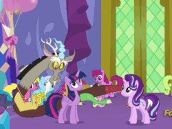 Size: 669x501 | Tagged: safe, screencap, apple bloom, berry punch, berryshine, cherry berry, daisy, discord, flower wishes, linky, scootaloo, shoeshine, starlight glimmer, sweetie belle, twilight sparkle, twilight sparkle (alicorn), alicorn, pony, celestial advice, animated, butt touch, cutie mark crusaders, equestrian pink heart of courage, gif, hand on butt, pushing, rump push, surprised, twilight's castle, wide eyes
