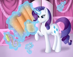 Size: 1280x989 | Tagged: safe, artist:itsuko103, rarity, pony, unicorn, fabric, magic, scissors, solo