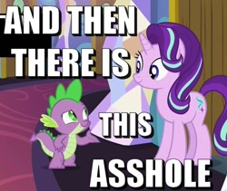 Size: 616x521 | Tagged: safe, edit, screencap, spike, starlight glimmer, dragon, pony, unicorn, celestial advice, meme, text