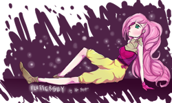 Size: 800x480 | Tagged: safe, artist:brisahelada, fluttershy, clothes, female, humanized, pink hair, solo