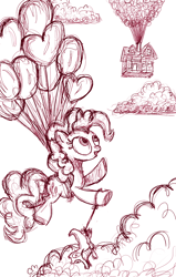 Size: 992x1558 | Tagged: safe, artist:lancer, gummy, pinkie pie, earth pony, pony, balloon, cloud, cloudy, then watch her balloons lift her up to the sky, up