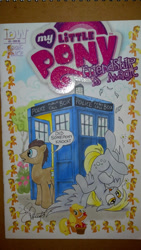 Size: 600x1064 | Tagged: safe, artist:andypriceart, applejack, derpy hooves, doctor whooves, earth pony, pegasus, pony, female, mare, tardis, traditional art
